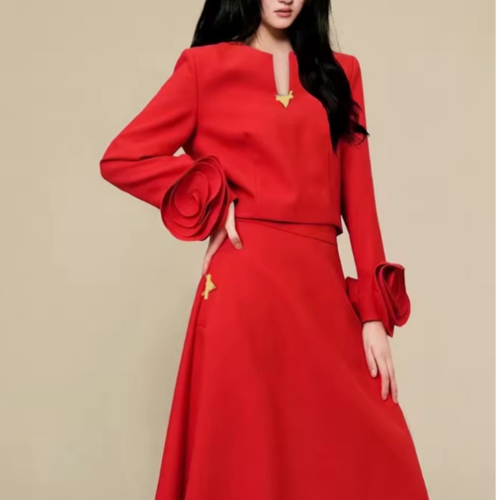Solid Two Piece Set For Women V Neck Long Sleeve Appliques